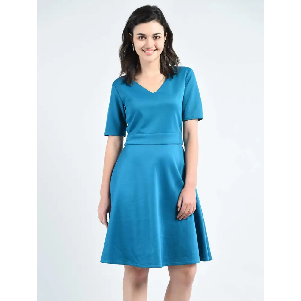 Elite Green Polyester Self Design V-Neck Knee Length Dress For Women 