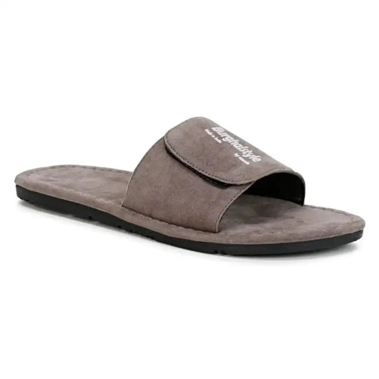 Elite Grey Synthetic Leather Self Design Slippers For Men 