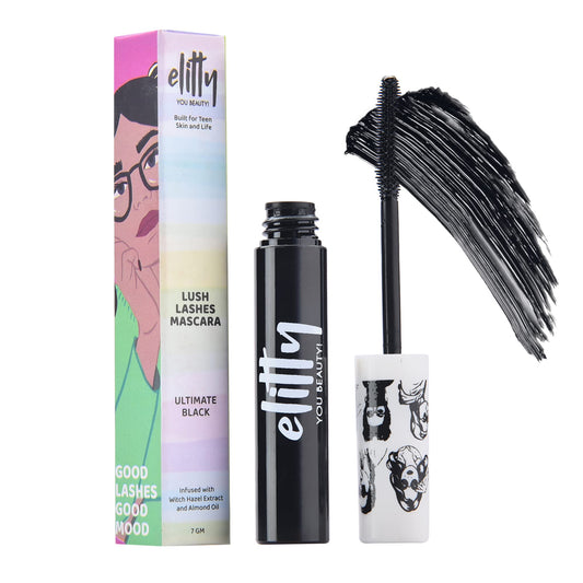 Elitty Lush Lashes Mascara - Ultimate Black, Waterproof, Smudge proof, Crumfree, Curling and lenghtening, Infused with Witch Hazel and Almond Oil, Vegan & Cruelty Free - 7ml Makeup for Teenagers 