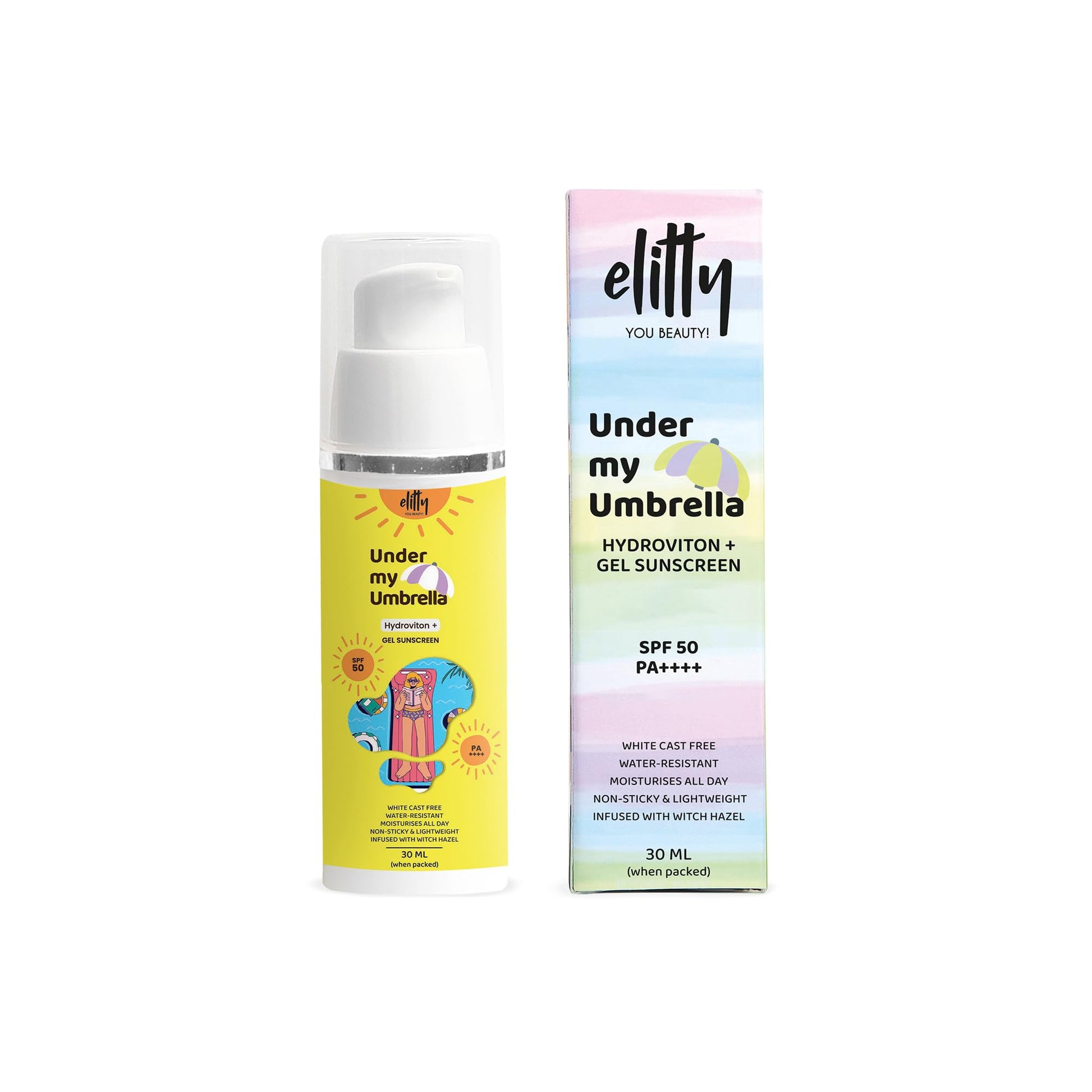 Elitty Under My Umbrella Gel Sunscreen for Women with SPF 50, P++++ | No White Cast, Non Sticky Suncreen 30 gm, Transparent & Lightweight, Water & Sweat Resistant 