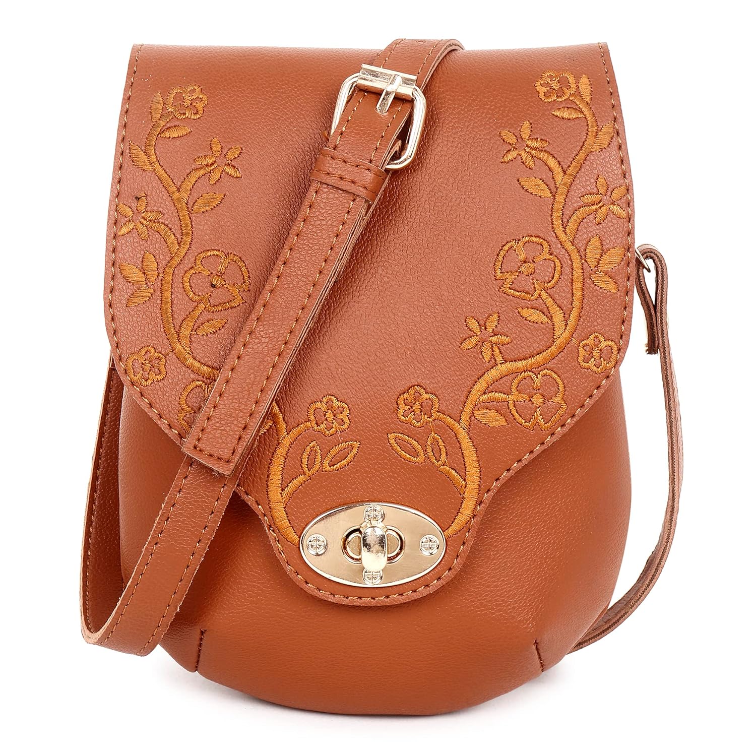 Embroidered Floral Solid Tan Sling Small Mobile Bag Cell Phone Holder Pouch Mini Cross Body For Ladies Girls Women 