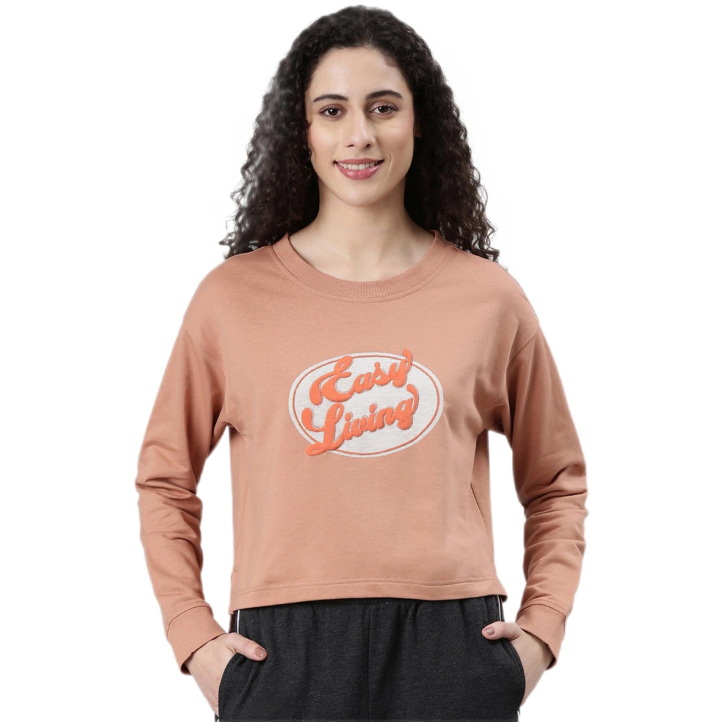 Enamor Women's Cotton Crew Neck Sweatshirt (E9G2_Wood Cork-Easy Living Graphic 