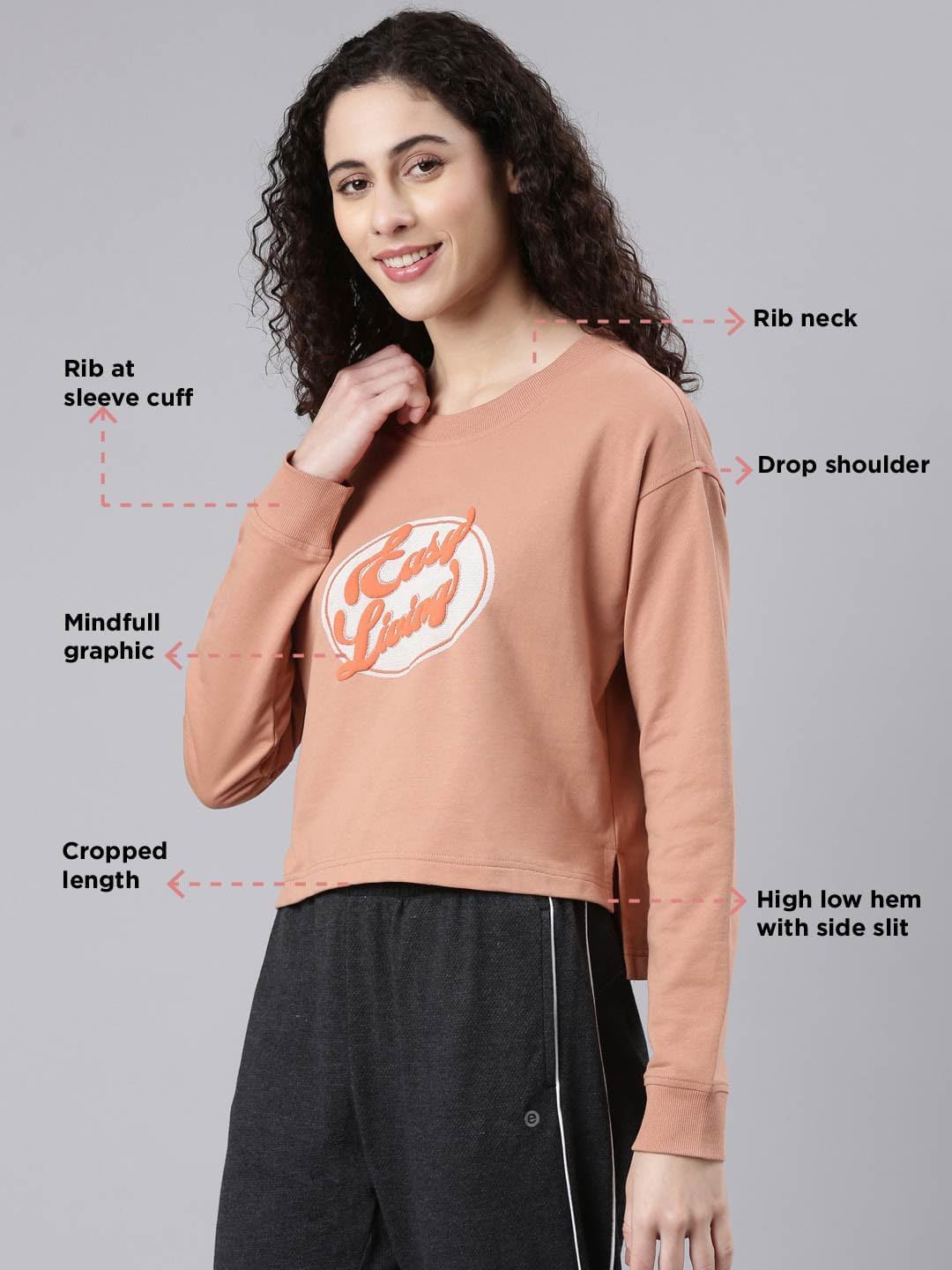 Enamor Women's Cotton Crew Neck Sweatshirt (E9G2_Wood Cork-Easy Living Graphic 