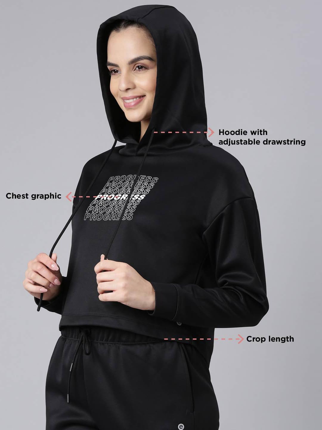 Enamor Women's Polyester Hooded Neck Sweatshirt (A905_Black-Progress Graphic 