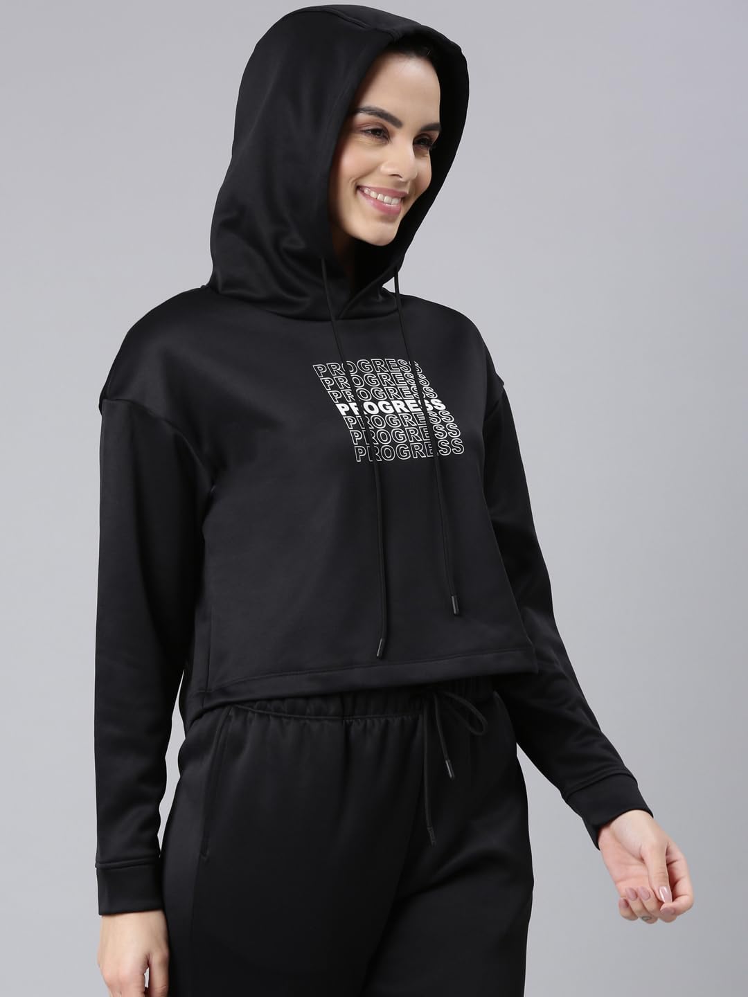 Enamor Women's Polyester Hooded Neck Sweatshirt (A905_Black-Progress Graphic 