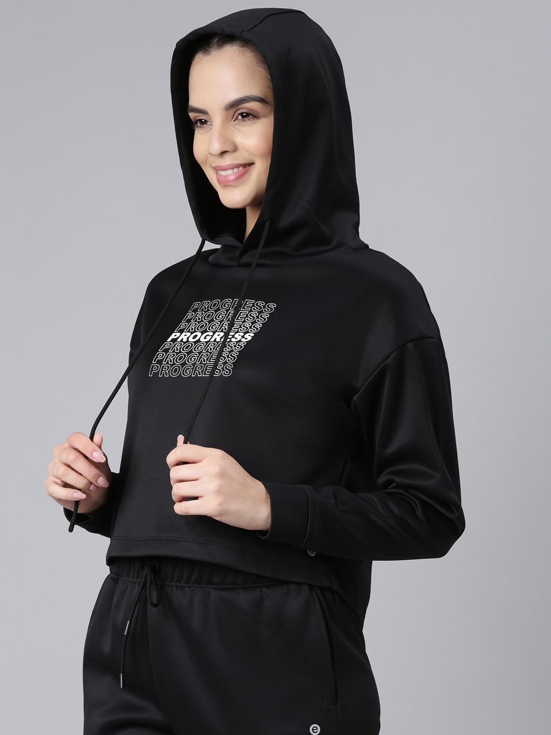 Enamor Women's Polyester Hooded Neck Sweatshirt (A905_Black-Progress Graphic 