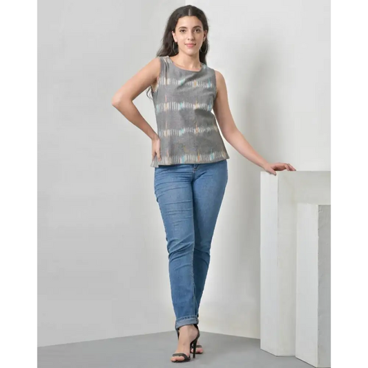 Exceptional Grey Self Design Cotton Short Kurta For Women 