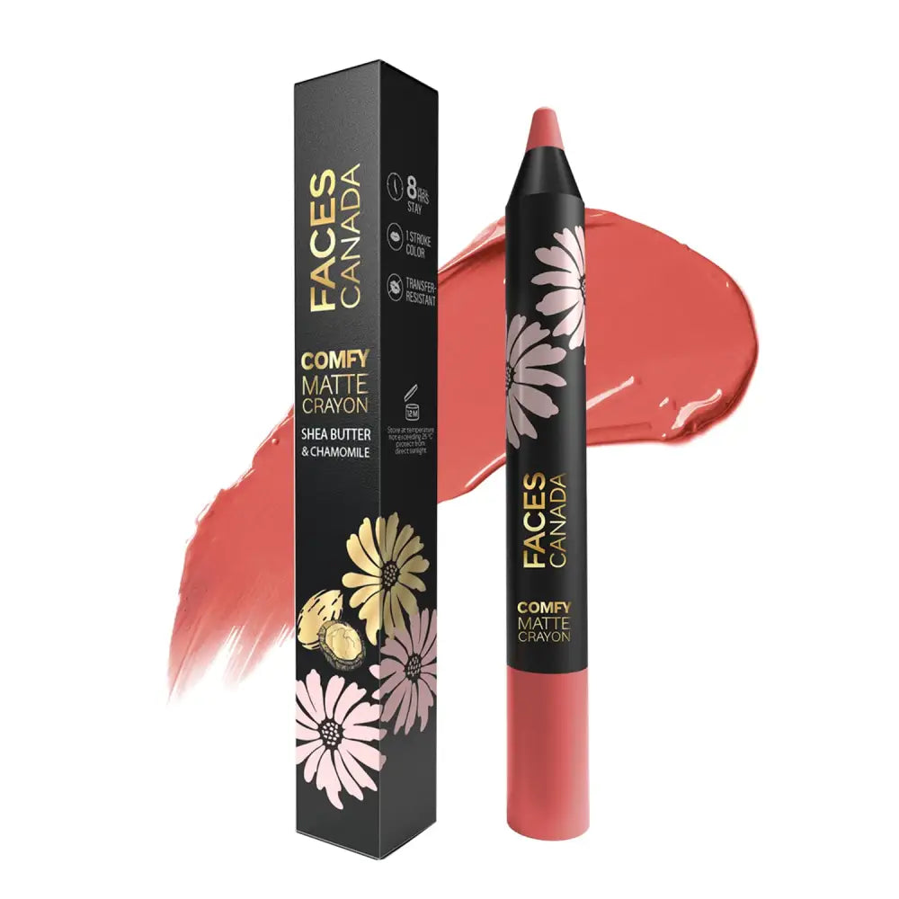 FACES CANADA Comfy Matte Lip Crayon - Sorry Not Sorry 15, 2.8g | 8HR Long Stay | No Dryness | Luxurious Matte Texture | Intense Color in 1 Stroke | Hydrates & Nourishes With Chamomile & Shea Butter 