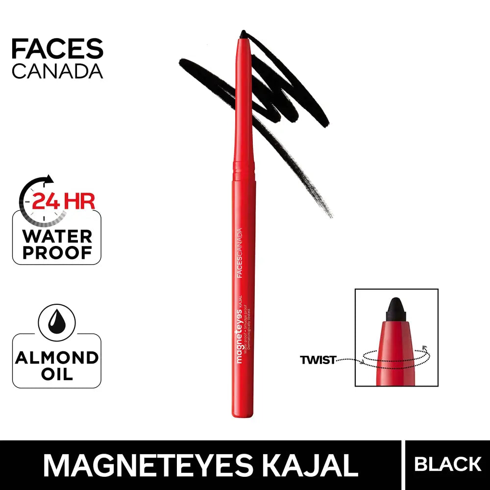 FACES CANADA Magneteyes Kajal - Black, 0.35g | 24 Hr Long Stay | One Stroke Smooth Glide | Waterproof, Smudgeproof & Fadeproof | Deep Matte Finish | Enriched With Almond Oil & Vitamin E 