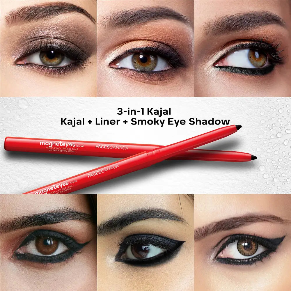 FACES CANADA Magneteyes Kajal - Black, 0.35g | 24 Hr Long Stay | One Stroke Smooth Glide | Waterproof, Smudgeproof & Fadeproof | Deep Matte Finish | Enriched With Almond Oil & Vitamin E 