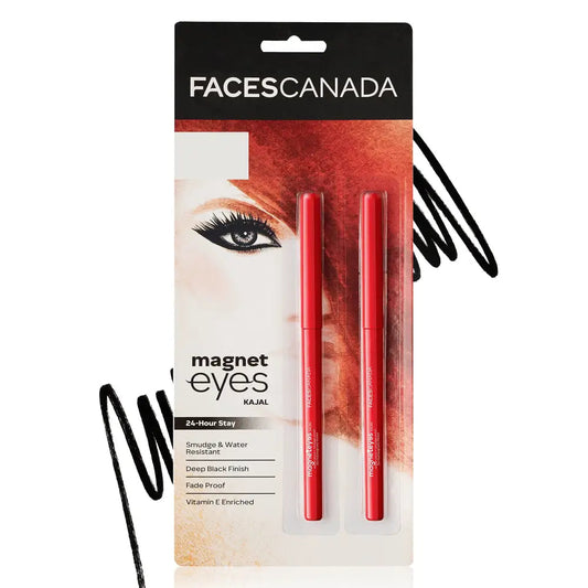 FACES CANADA Magneteyes Kajal - Black, 0.35g (Pack of 2) | 24 Hr Long Stay | One Stroke Smooth Glide | Waterproof, Smudgeproof & Fadeproof | Deep Matte Finish | Enriched With Almond Oil & Vitamin E 