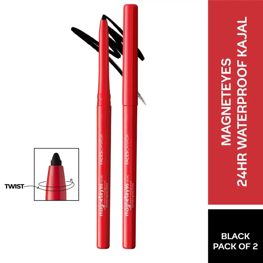 FACES CANADA Magneteyes Kajal - Black, 0.35g (Pack of 2) | 24 Hr Long Stay | One Stroke Smooth Glide | Waterproof, Smudgeproof & Fadeproof | Deep Matte Finish | Enriched With Almond Oil & Vitamin E 