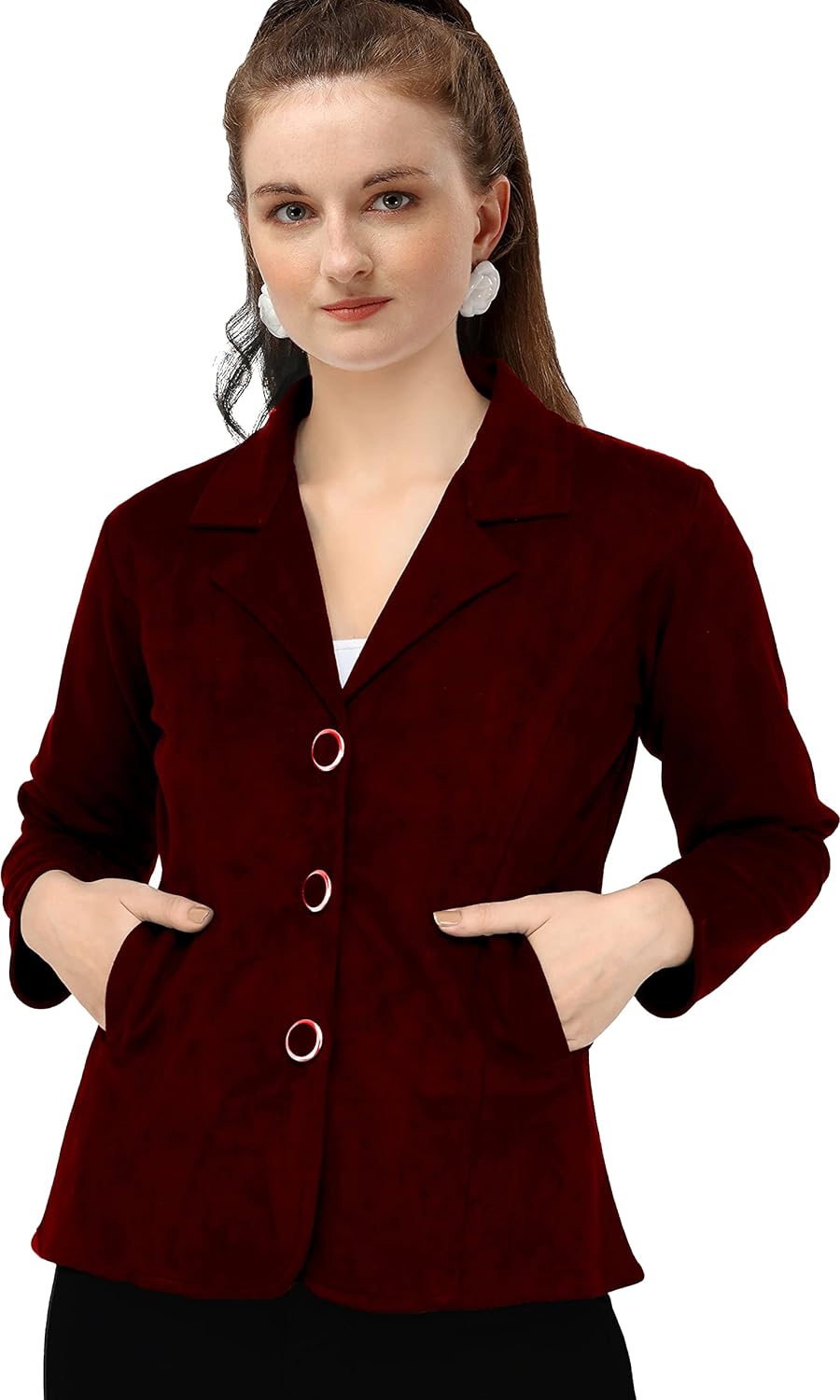 FELLAMO Women 3 Button Blazzer-32 Maroon 