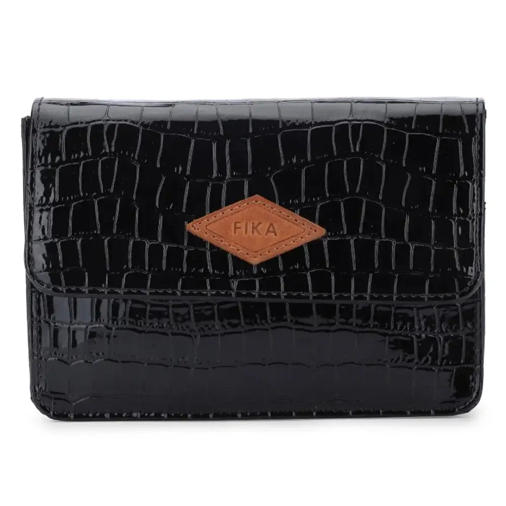 FIKA Ladies purse handbags for women with Magnet Closure (Patent Black) 