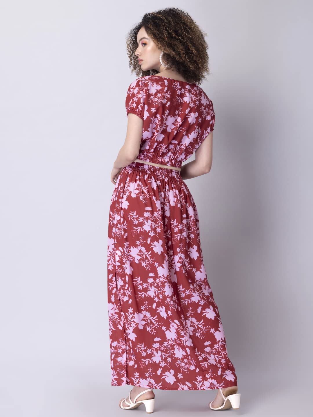 FabAlley Crepe Red Floral Crop Top and Skirt Co-ord Set 