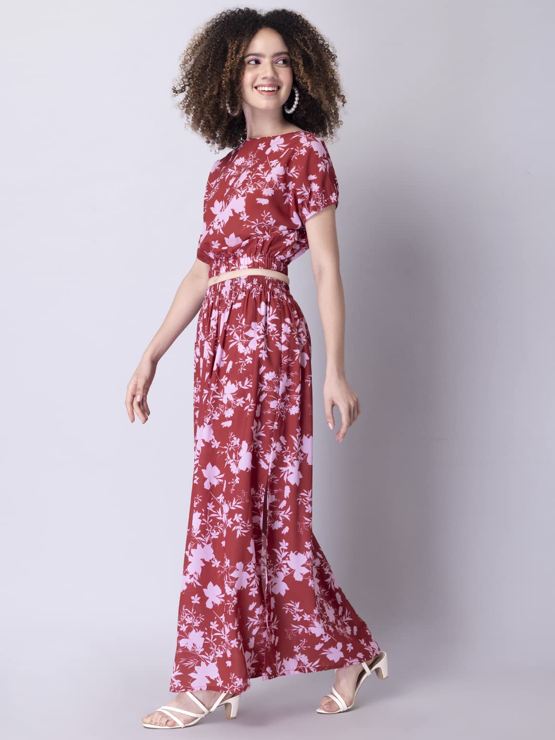 FabAlley Crepe Red Floral Crop Top and Skirt Co-ord Set 
