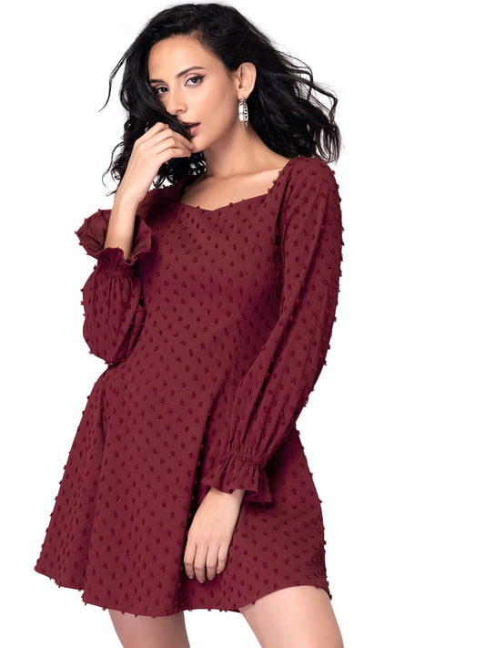 FabAlley Department423 Crepe Regular Maroon Self Design A Line Dress 