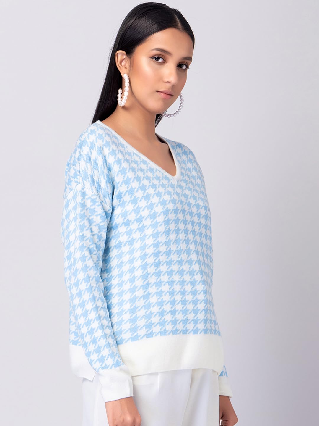FabAlley Women's Acrylic V-Neck Sweater (SWT00407_Blue_XL) 
