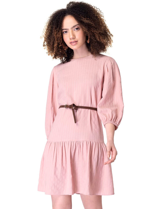 FabAlley Women's Cotton Peach Striped Belted Dress Mini Western 