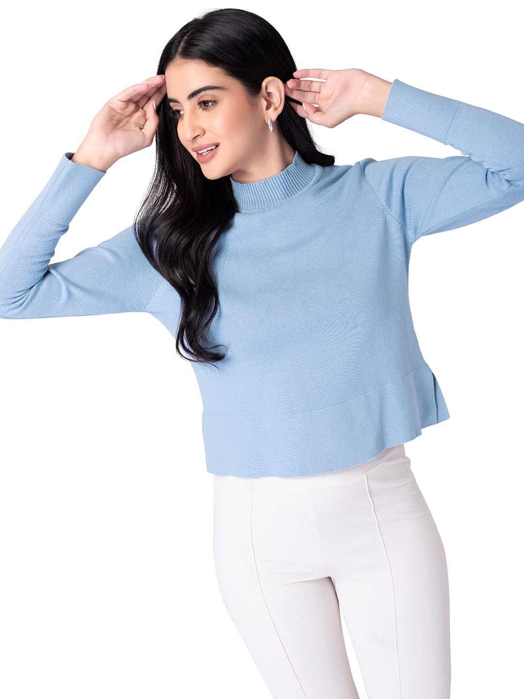 FabAlley Women's Cotton Powder Blue High Neck Sweater Jumper 