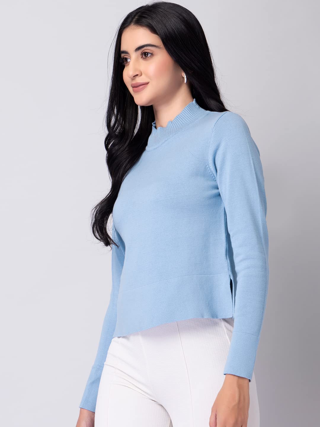 FabAlley Women's Cotton Powder Blue High Neck Sweater Jumper 