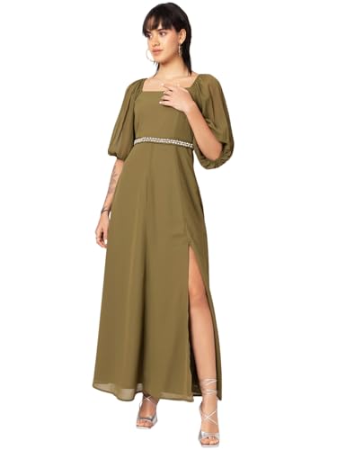 FabAlley Women's Georgette Fit and Flare Maxi Dresses (DRS06582_Green_XL) 