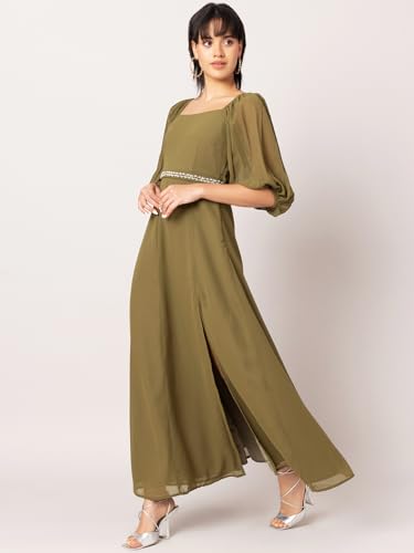 FabAlley Women's Georgette Fit and Flare Maxi Dresses (DRS06582_Green_XL) 