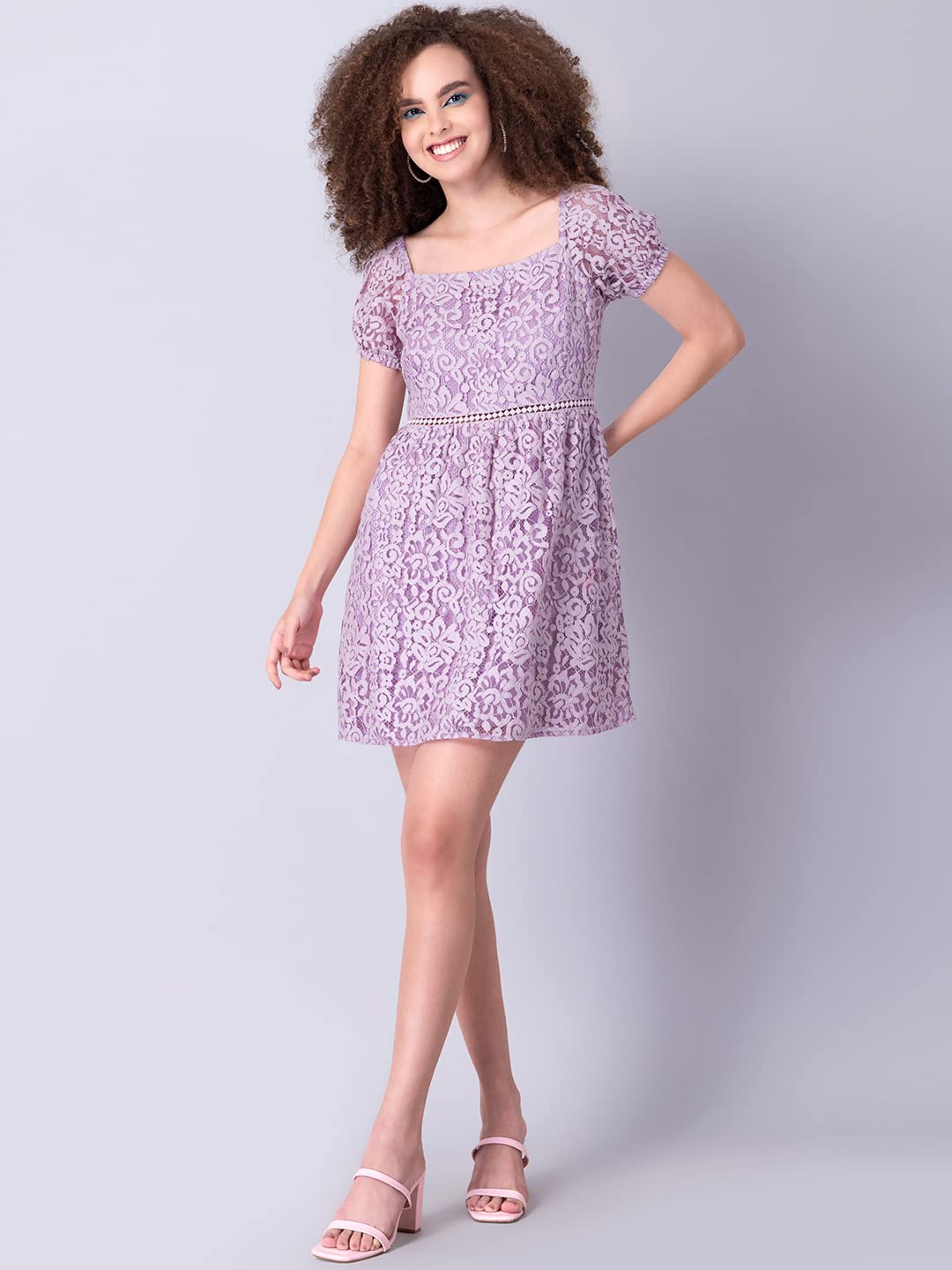 FabAlley Women's Lilac Lace Square Neck Trim Dress Mini Western 