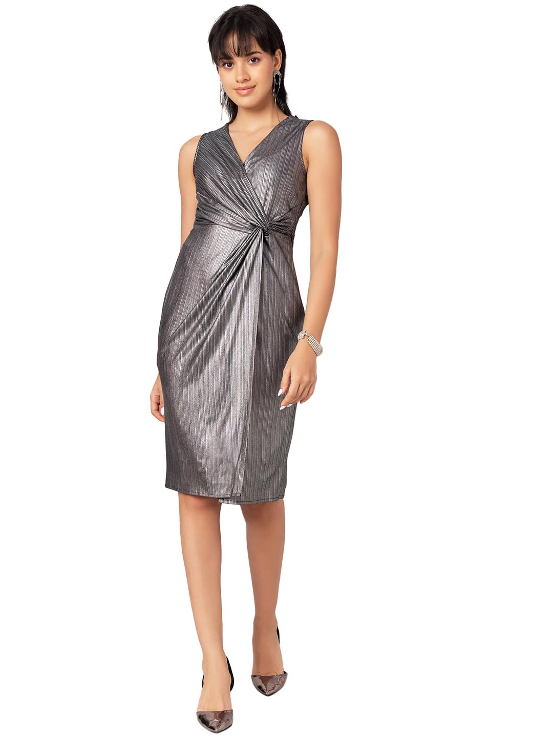 FabAlley Women's Poly Lycra Wrap Midi Dresses (Silver) 