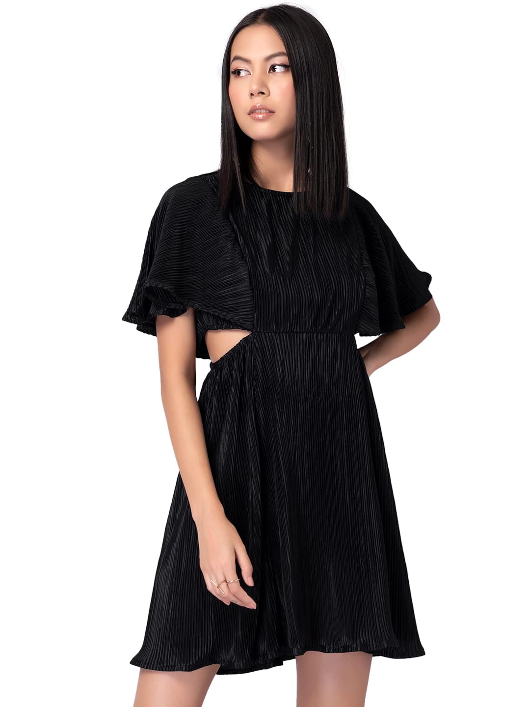 FabAlley Women's Polyester Black Pleated Waist Cut Out Dress Mini 