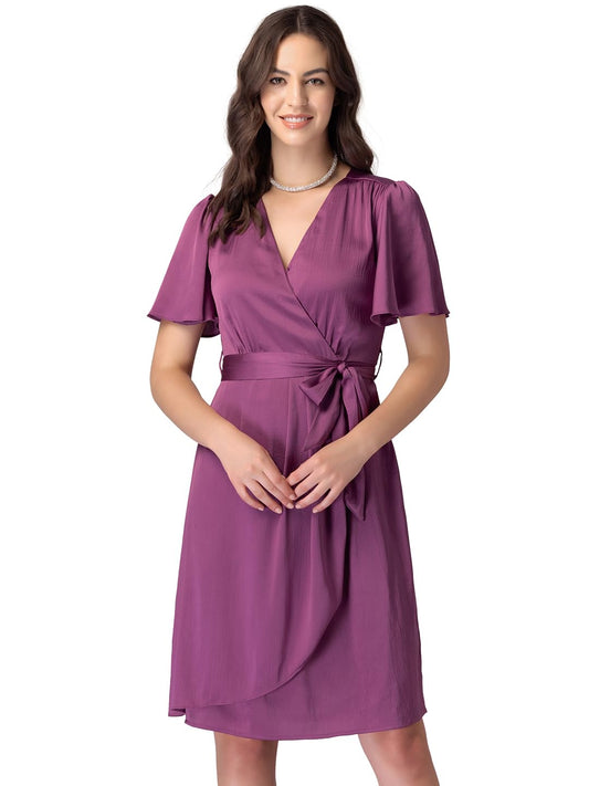 FabAlley Women's Polyester Pink Flared Sleeve Wrap Dress with Belt Midi DRS06187 