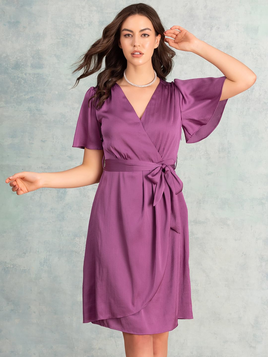 FabAlley Women's Polyester Pink Flared Sleeve Wrap Dress with Belt Midi DRS06187 