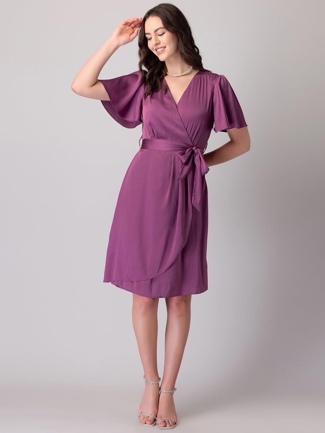 FabAlley Women's Polyester Pink Flared Sleeve Wrap Dress with Belt Midi DRS06187 