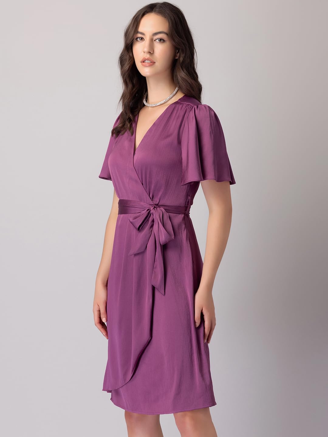 FabAlley Women's Polyester Pink Flared Sleeve Wrap Dress with Belt Midi DRS06187 