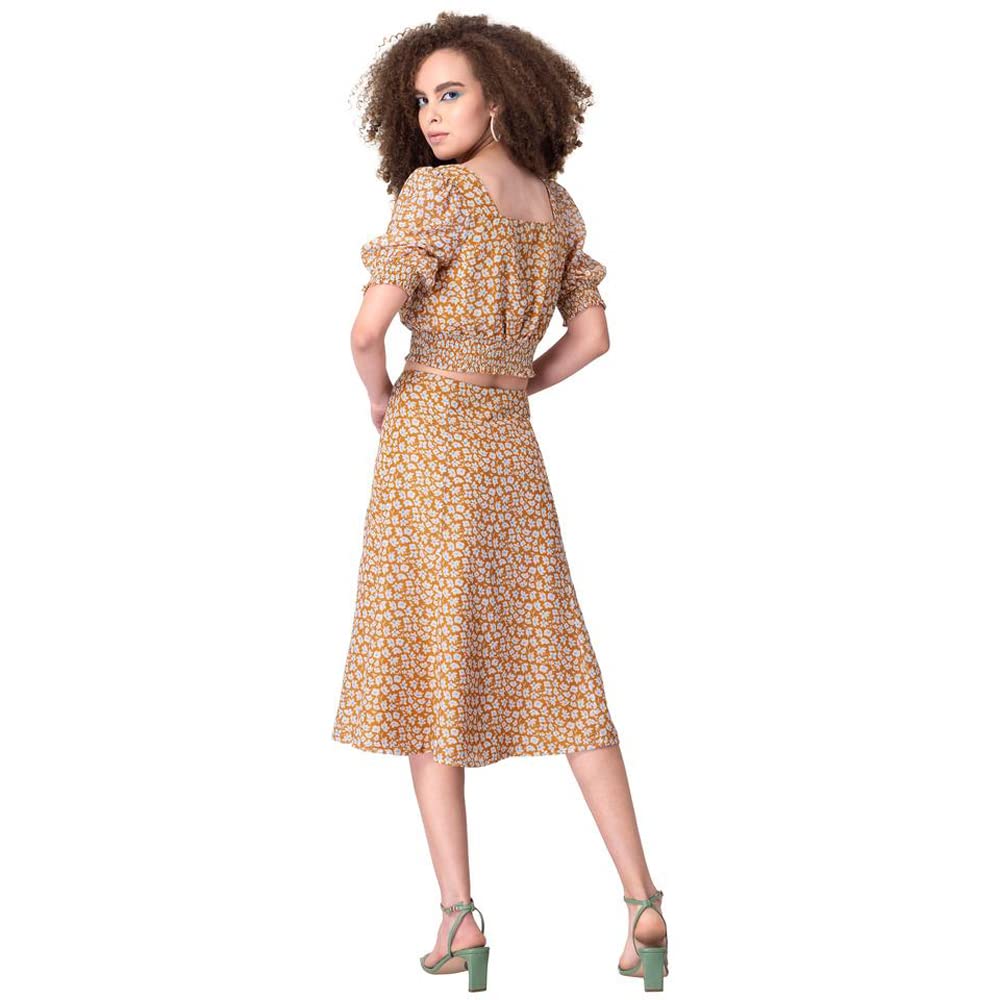 FabAlley Women's Polyester Yellow Floral Smocked Crop Top and Midi Skirt Set Knee-Length Co-Ord 