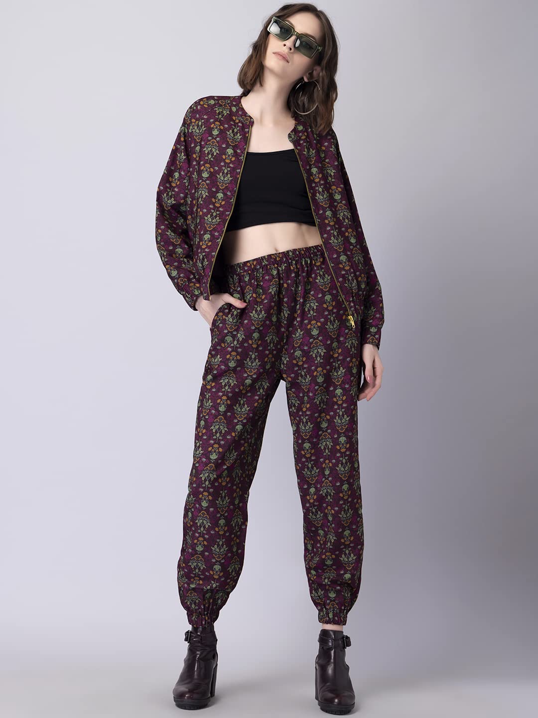 FabAlley Women's Viscose Maroon Floral Bomber Jacket and Jogger Pants Co-ord Set Calf Length Dress 