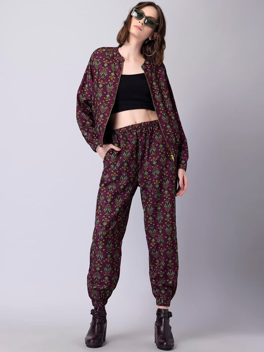 FabAlley Women's Viscose Maroon Floral Bomber Jacket and Jogger Pants Co-ord Set Calf Length Dress 