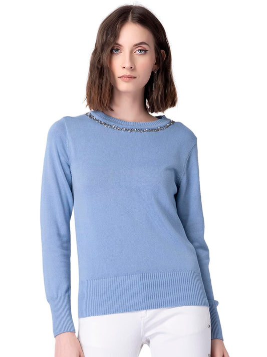 FabAlley Women's Viscose Rayon Round Neck Sweater (SWT00400_Blue_M) 