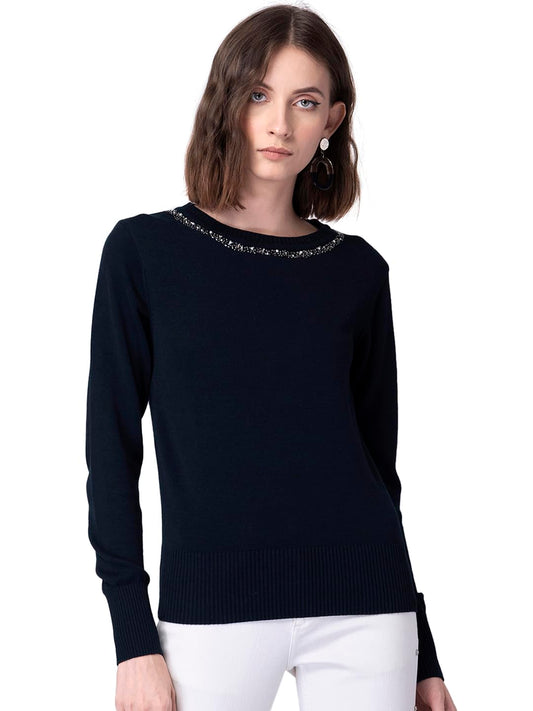 FabAlley Women's Viscose Rayon Round Neck Sweater (SWT00401_Navy Blue_XS) 