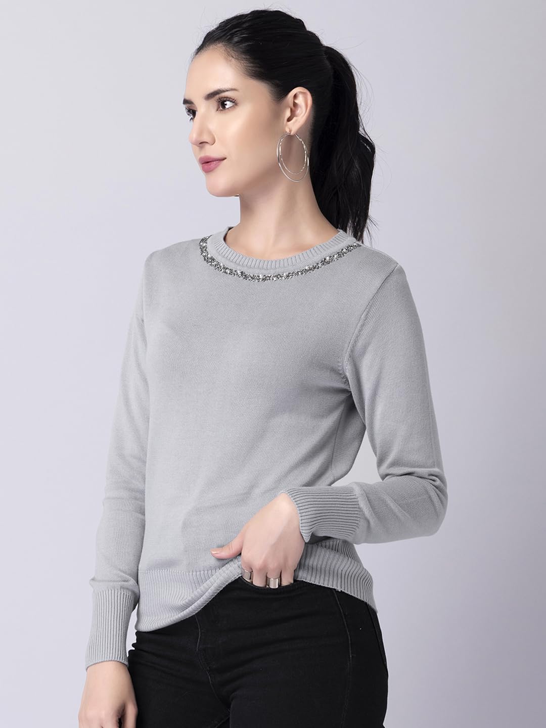 FabAlley Women's Viscose Rayon Round Neck Sweater (SWT00403_Grey_M) 