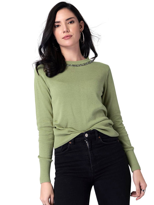 FabAlley Women's Viscose Rayon Round Neck Sweater (SWT00404_Green_S) 