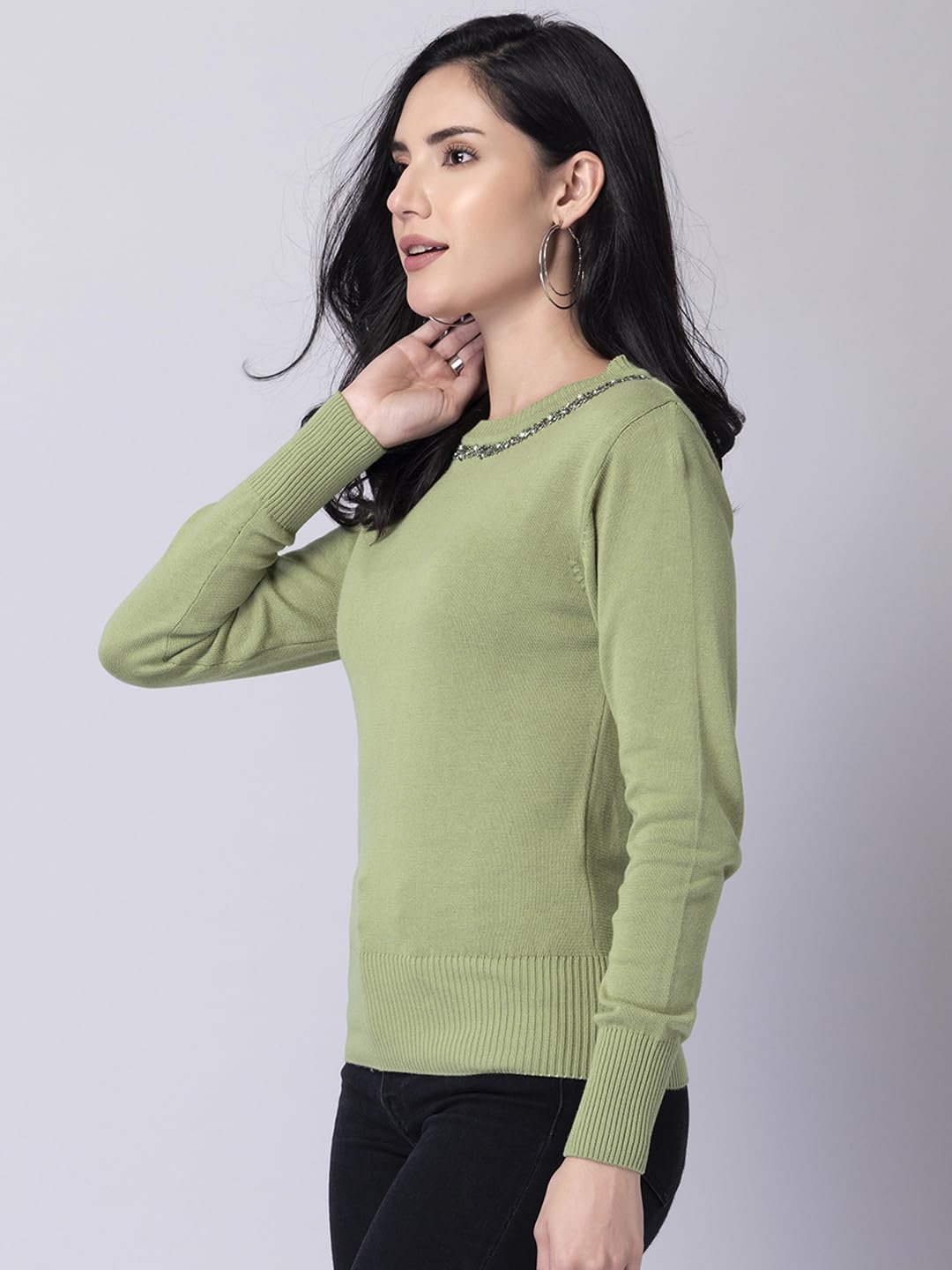 FabAlley Women's Viscose Rayon Round Neck Sweater (SWT00404_Green_S) 