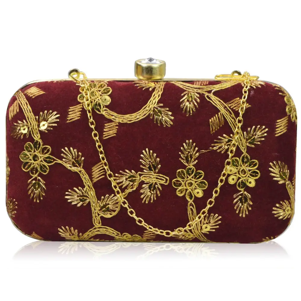 Fabulous Maroon Velvet Self Pattern Clutches For Women And Girls 