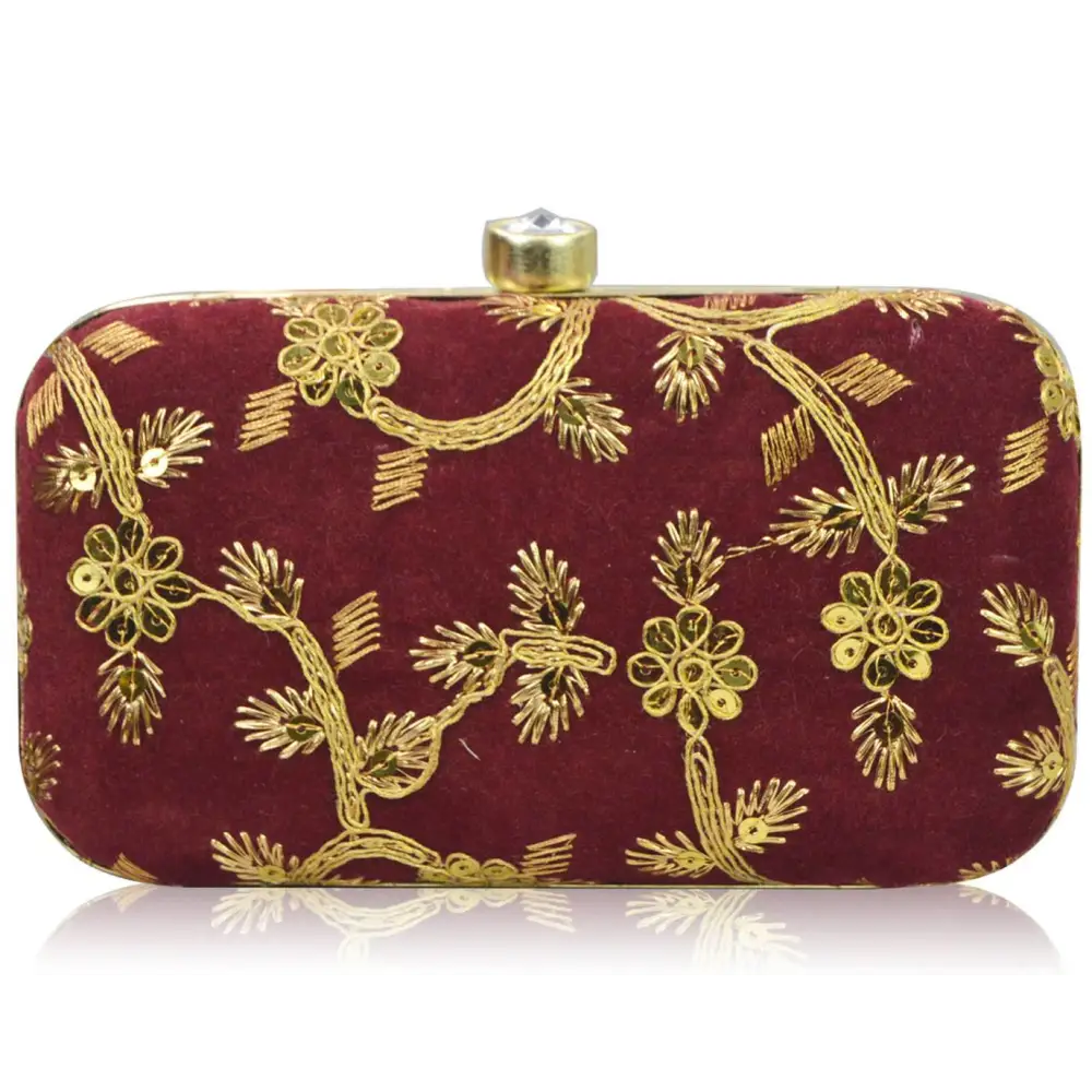 Fabulous Maroon Velvet Self Pattern Clutches For Women And Girls 