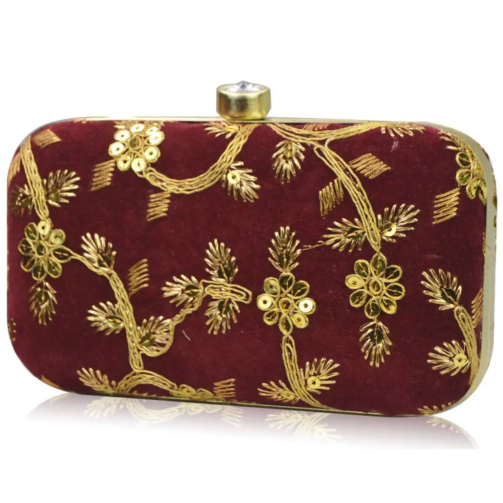 Fabulous Maroon Velvet Self Pattern Clutches For Women And Girls 