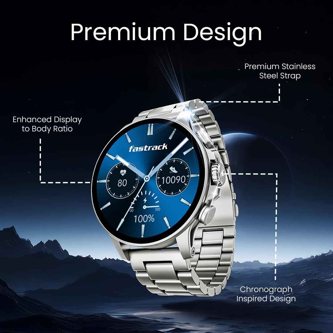 Fastrack Marvellous FX2 Smart Watch, 3.9 CM AMOLED Display, Functional Crown, SingleSync BT Calling, Metal Design, 1000 Nits Brightness, IP68, Upto 5-Day Battery Life, Dynamic Smartwatch Faces (Gun) SaumyasStore