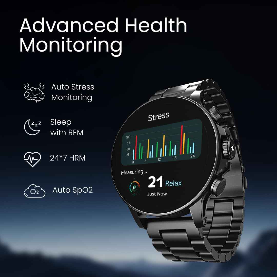 Fastrack Marvellous FX2 Smart Watch, 3.9 CM AMOLED Display, Functional Crown, SingleSync BT Calling, Metal Design, 1000 Nits Brightness, IP68, Upto 5-Day Battery Life, Dynamic Smartwatch Faces (Gun) SaumyasStore