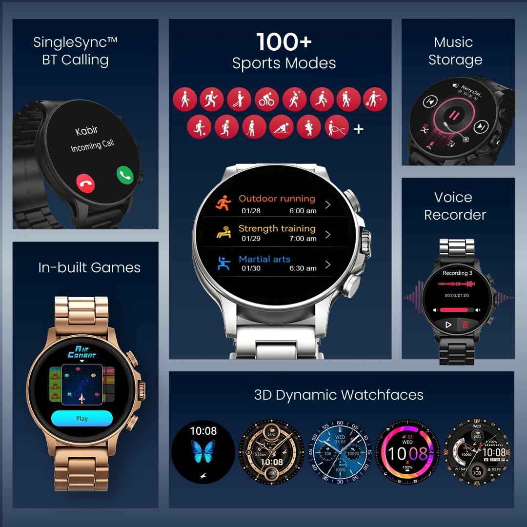 Fastrack Marvellous FX2 Smart Watch, 3.9 CM AMOLED Display, Functional Crown, SingleSync BT Calling, Metal Design, 1000 Nits Brightness, IP68, Upto 5-Day Battery Life, Dynamic Smartwatch Faces (Gun) SaumyasStore