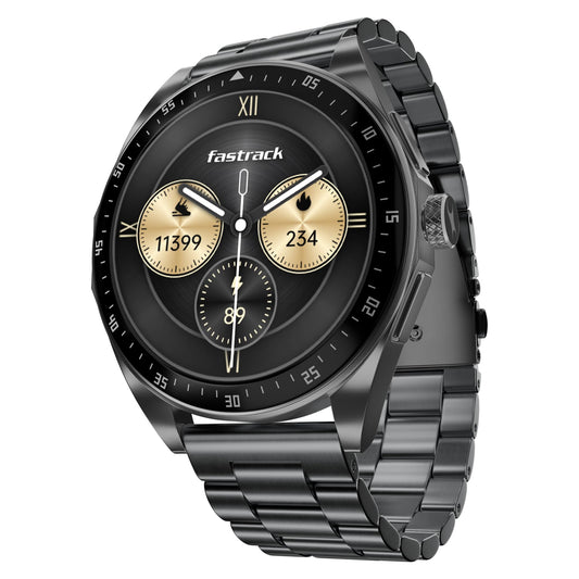 Fastrack Radiant FX1 Luxury Metal Smart Watch, 1.43” AMOLED 60Hz Display, AOD, Functional Crown, SingleSync BT Calling, AI Voice, Upto 5 Day Battery, 100+ Smartwatch Faces & Sport Modes, IP68 (Gun) SaumyasStore