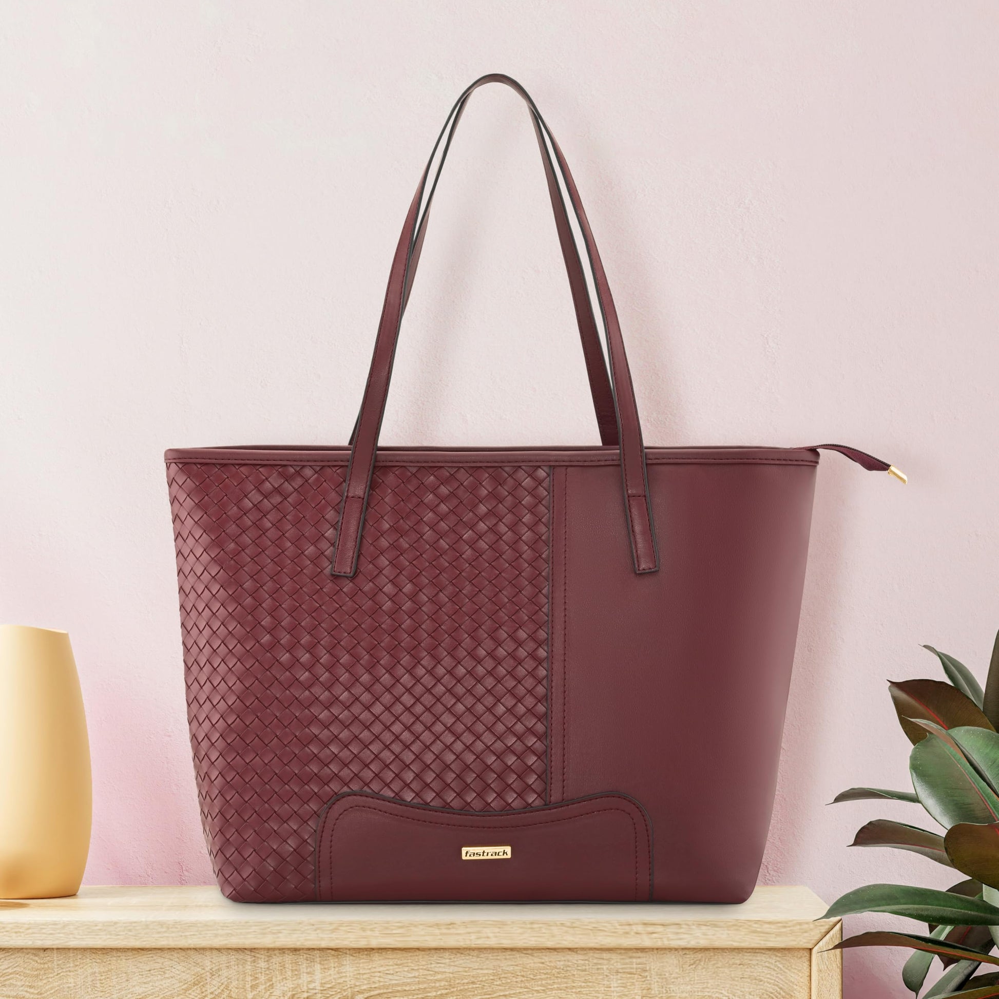 Fastrack Textured Burgundy Tote Bag For Women 